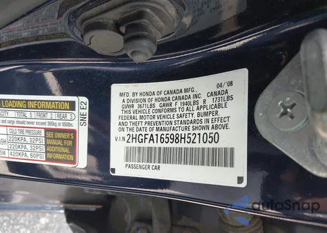 2008 Honda Civic Lx from USA, damaged, VIN 2HGFA16598H521050
